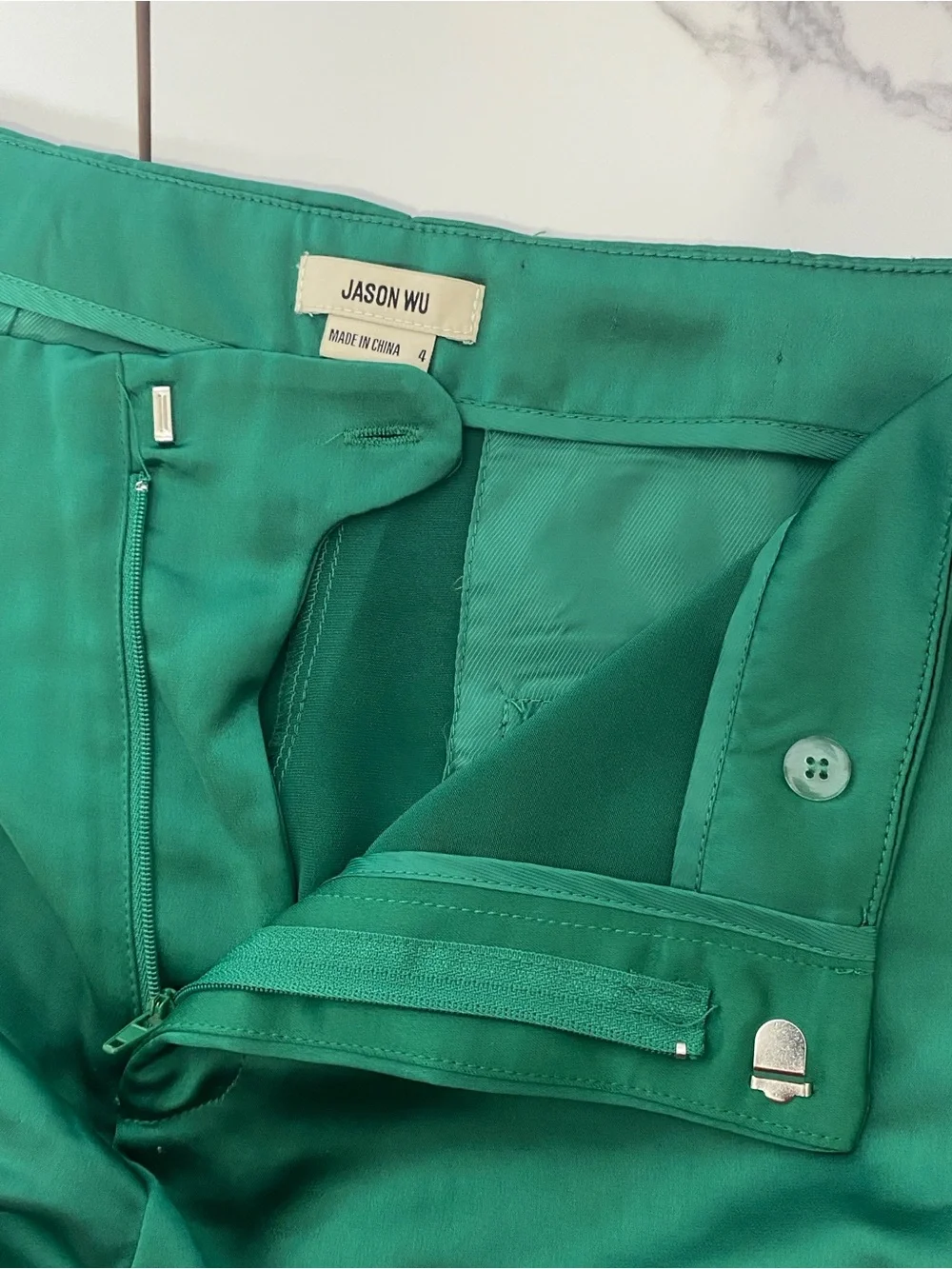Jason Wu High Rise Wide Leg Flare Emerald Green Satin Pants Trousers Size 4